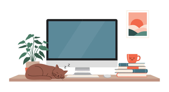 Peaceful workspace setup with a desktop computer, a sleeping brown cat, stacks of books, a houseplant, and a framed sunset picture.