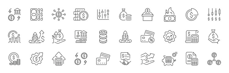 Fototapeta premium Finance and banking outline icon set with editable stroke in thin line style