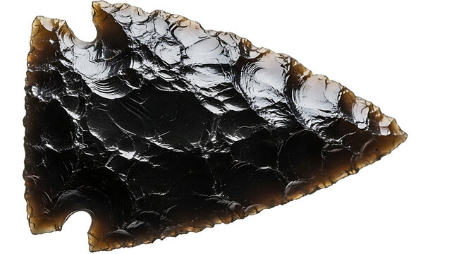 Obsidian arrowhead on white background with pointed object arrowhead obsidian artifact prehistoric archaeology primitive spearhead material