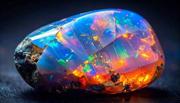 Vibrant iridescent opal gemstone with rainbow fire macro close-up on dark background