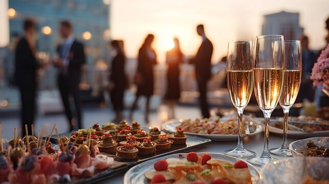 Guests enjoying champagne and various hors d'oeuvres on a rooftop terrace during a social event at sunset, creating a sophisticated and festive atmosphere