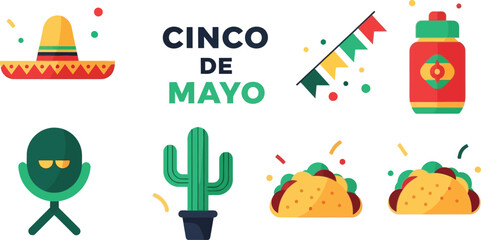 Naklejka premium Cinco de mayo flat with sombrero cactus tacos and confetti mexican holiday celebration