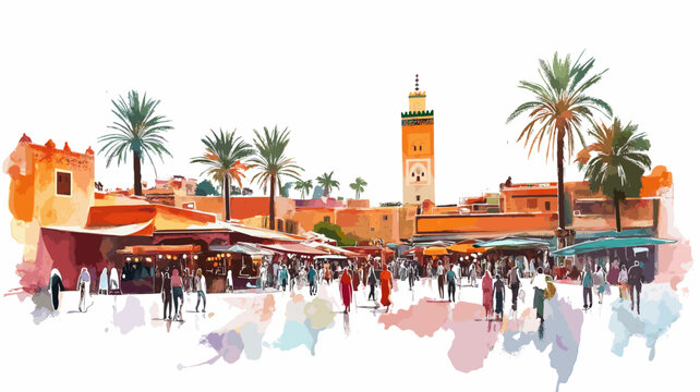 Jemaa el-Fnaa Square. Jemaa el-Fnaa Square hand drawn watercolor illustration on white background