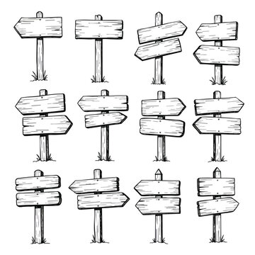Collection of Hand Drawn Wooden Signposts for Various Directions and Purposes
