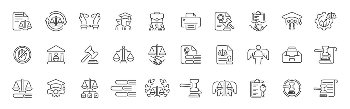 Legal justice outline icon set: editable stroke thin line law symbols for court and legal documents