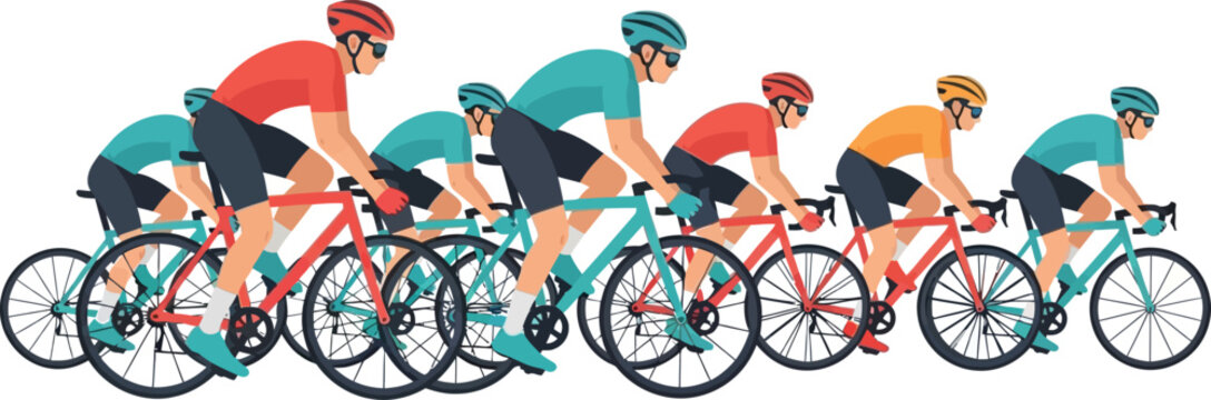 Group of cyclists in red teal and orange racing jerseys and helmets on bicycles cycling bicycle race
