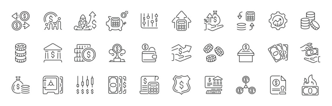 Finance business outline icon set: editable stroke thin line financial symbols