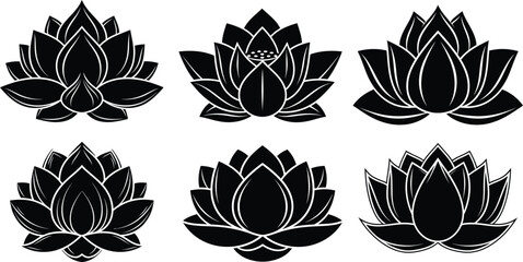 Obraz premium Six black lotus flower with white outlines on white background symbol black and white floral