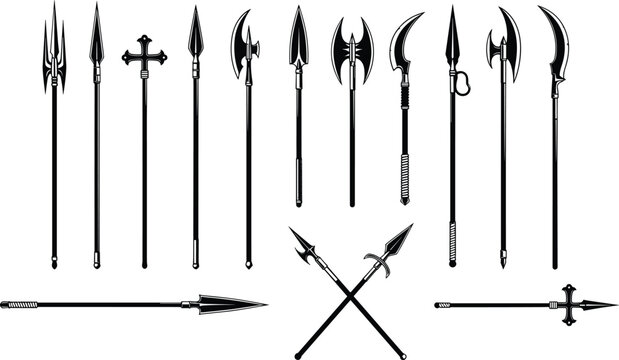 Medieval polearm weapons vector illustration set, halberd spear and axe collection, vintage warrior arms silhouettes isolated on background design