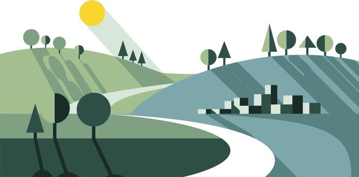 Stylized landscape with rolling hills trees and a winding road