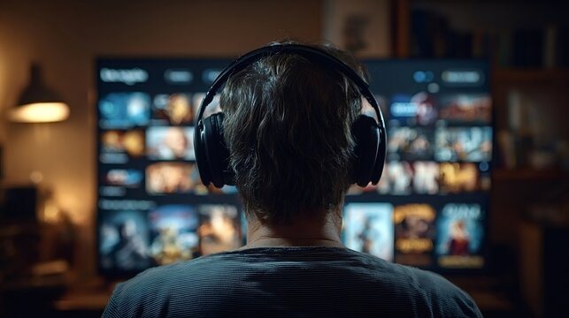 Man wearing headphones watching a smart tv displaying a homepage of a streaming service with multiple movie and series thumbnails, enjoying entertainment in a dimly lit home living room