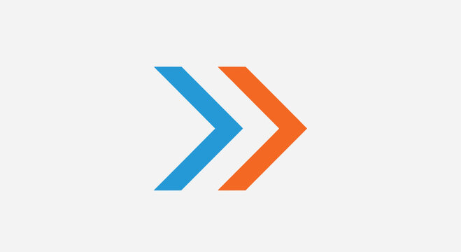 Two chevron arrows pointing right blue and orange symbol direction forward