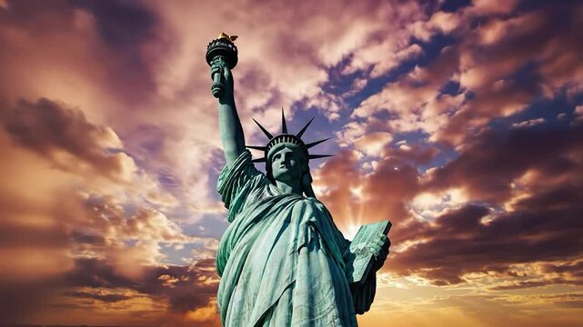 Statue of Liberty against dramatic sunset sky.