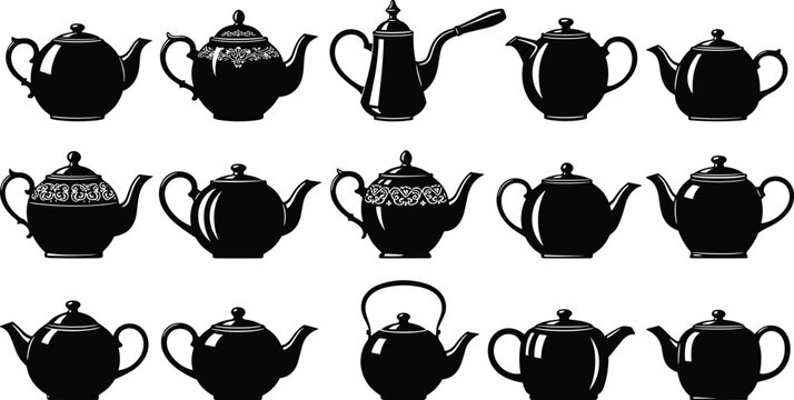 Teapot vector illustration set, vintage and modern tea pots collection, kitchen drinkware silhouettes isolated on background for design