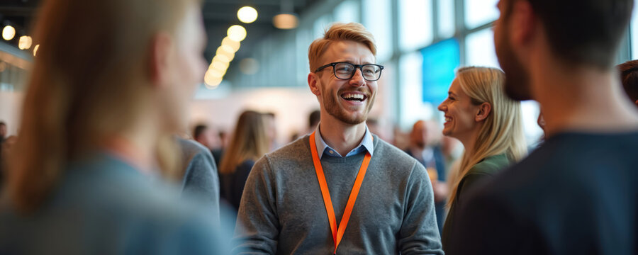 Smiling man with glasses talks with woman at conference event. People network at business expo meeting. Attendees wear lanyards, discuss ideas, connect with peers in large hall.