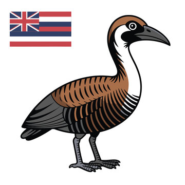 Nene goose stands proudly next to the Hawaii state flag representing the official avian symbol of the islands.