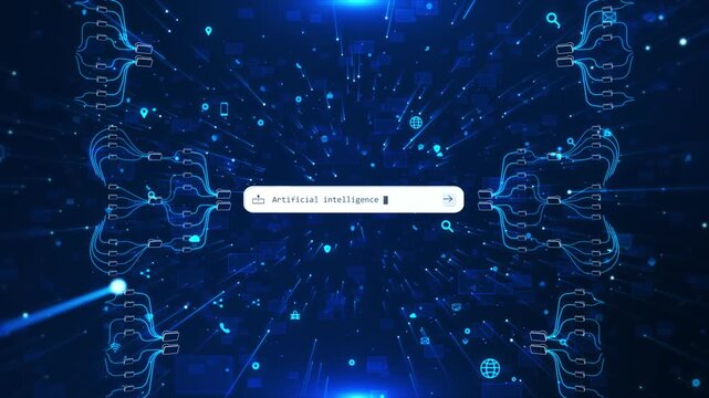 Futuristic search interface artificial intelligence data streams digital connections. AI search, machine learning systems, data processing, and advanced technology innovation in a modern environment.