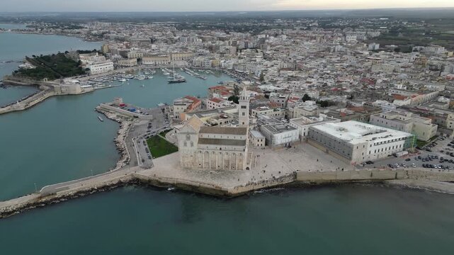 Aerial view of Trani shows the famous seaside cathedral In Italy