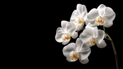 Obraz premium Elegant white orchid bouquet on a black background showcasing delicate petals and vibrant yellow accents with soft lighting