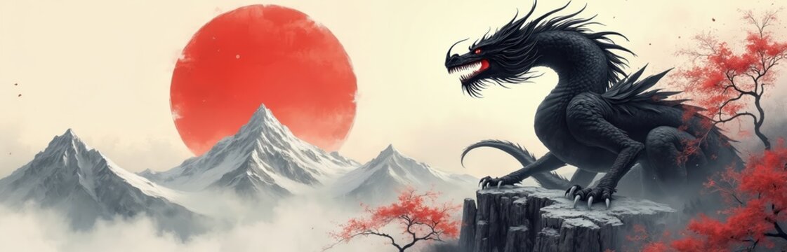 Black dragon perched on rocky cliff overlooking snowy mountains under large red sun. Red trees with sparse leaves dot misty landscape. Creature has sharp claws, glowing red eyes, appearing powerful.