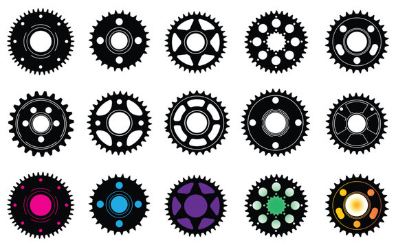 Collection of bicycle chainrings and gears in various designs and colors