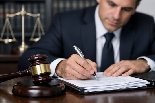 Lawyer signing legal documents at desk in office."" Ai generative