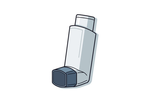 Stylized illustration of a gray and white metereddose inhaler against a white background