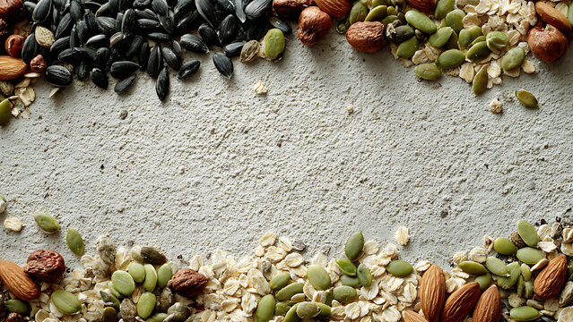 Assorted seeds, nuts, and oats scattered on a textured concrete surface, top view, detailed natural composition, concept for healthy eating, nutrition promotion and food packaging design.