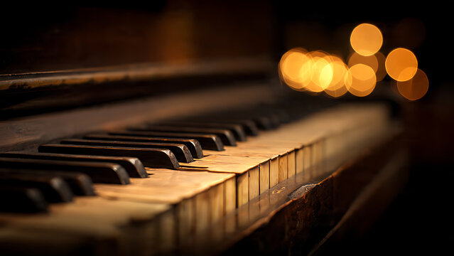 Close-up of aged ivory and ebony piano keys with a dark wooden frame, concept for music education, concert promotion and piano store advertising