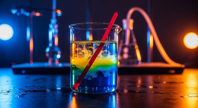 Colorful liquid experiment in laboratory beaker