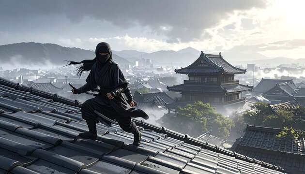A stealthy figure crouches on a roof overlooking a misty cityscape