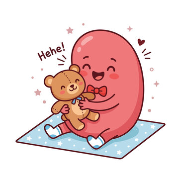 A cute cartoon character hugs a brown teddy bear on a mat.