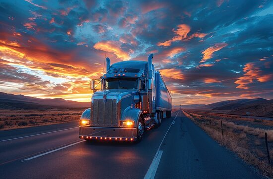 Big rig on vast highway at dramatic sunset/sunrise with glowing lights, long journey