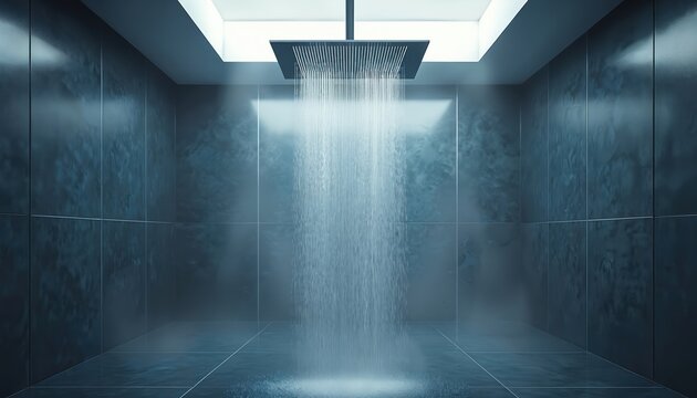 Modern square shower head releases falling water streams into minimalist grey tiled bathroom. Steam rises from wet floor creating relaxing spa atmosphere. Overhead lighting enhances clean ambiance.