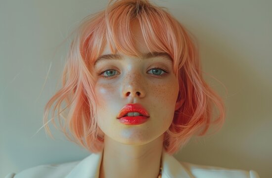 Striking portrait of a woman with pink hair, freckles, intense blue eyes, and red lips