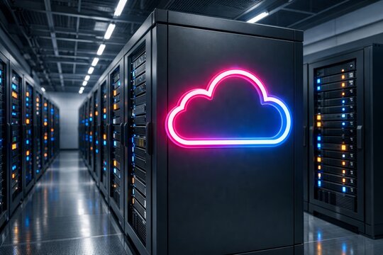 Neon cloud symbol on data servers representing cloud technology concept. Ai generative