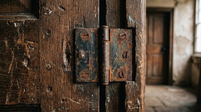 Close Up of Rusty Door Hinge in Abandoned Building Interior