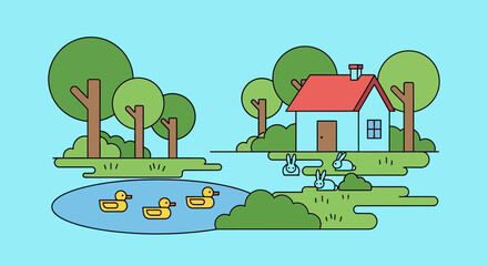 Fototapeta premium A colorful illustration depicts a house trees rabbits and ducks