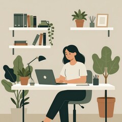 Fototapeta premium Woman Working on Laptop at Home Office Desk
