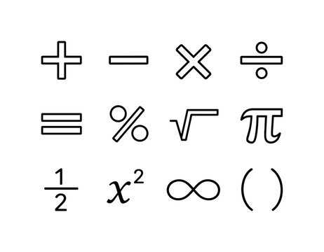 Mathematics basics: plus symbol, minus symbol, multiplication sign, division sign, equal sign, percentage symbol, square root, pi symbol, fraction, exponent power,