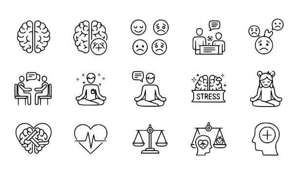 Psychology mental wellness outline icon set self care vector