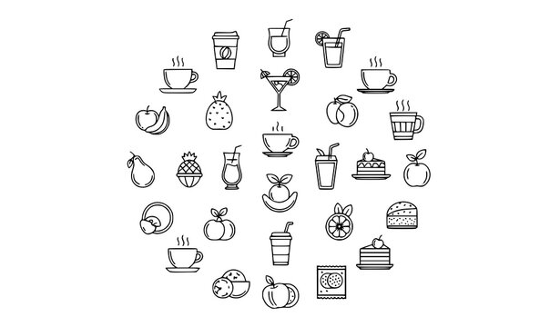 Food and drink icon collection with beverage and meal symbols in circular monoline vector design