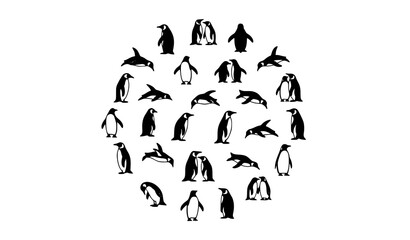 Penguin silhouette icon collection with arctic birds in circular layout minimal vector design © MstMonisha
