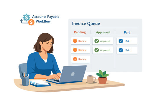 A professional organizing a structured accounts payable workflow during a focused work session, sitting at a desk with a laptop while managing a simple invoice queue