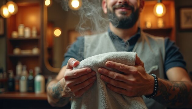 Barber prepares hot steamy towel for client facial prep. Man with beard and tattoos holds warm cloth in barbershop. Wet towel prepares skin for shave.