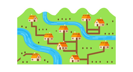 Fototapeta premium A colorful illustrated landscape featuring houses and a winding river