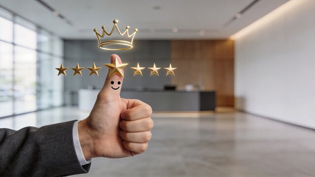 Businessman thumb up showing positive feedback golden rating stars crowning success happy customer service score for company performance