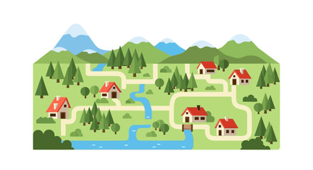 Fototapeta premium Cartoon illustration of a small village nestled among rolling green hills