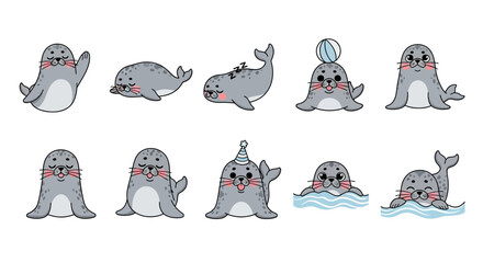 Set of cute cartoon seal characters in different poses and activities © Doni