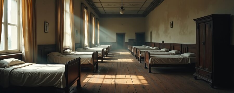 Long room with rows of beds for children. Sunlight streams through tall windows, illuminating dust motes. Bare walls and wooden floors suggest poverty and hardship in this institution.